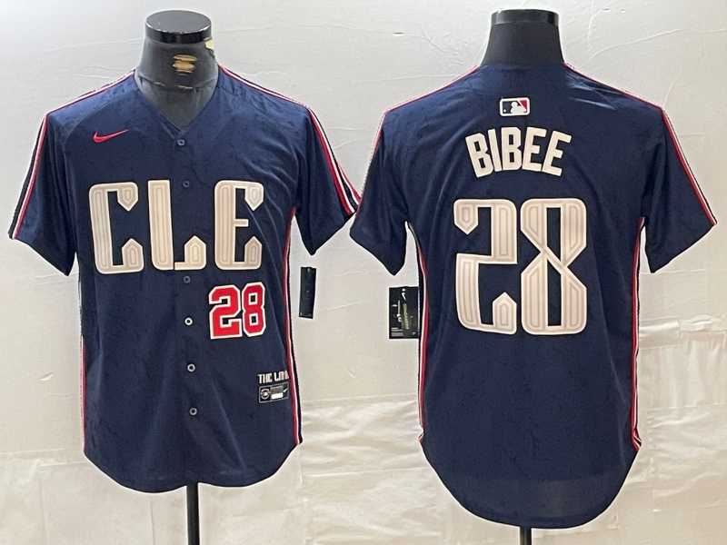 Men%27s Cleveland Guardians #28 Tanner Bibee Number Navy 2024 City Connect Limited Stitched Jersey